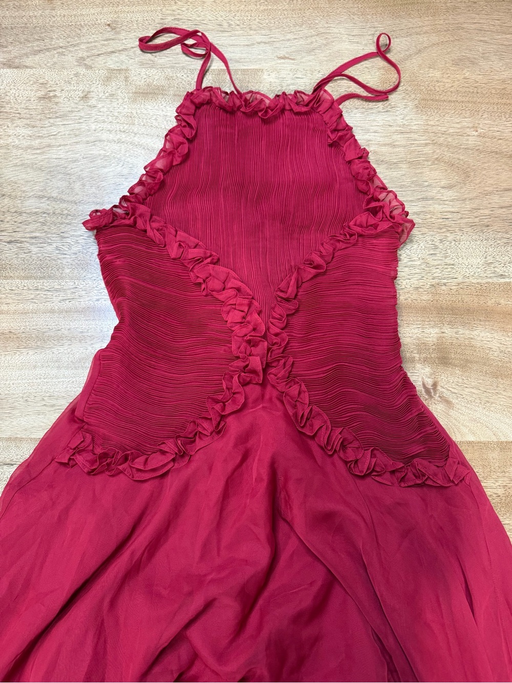 ANEWSTA Red Halter Maxi Dress with Ruffle Accents Sleeveless Size M